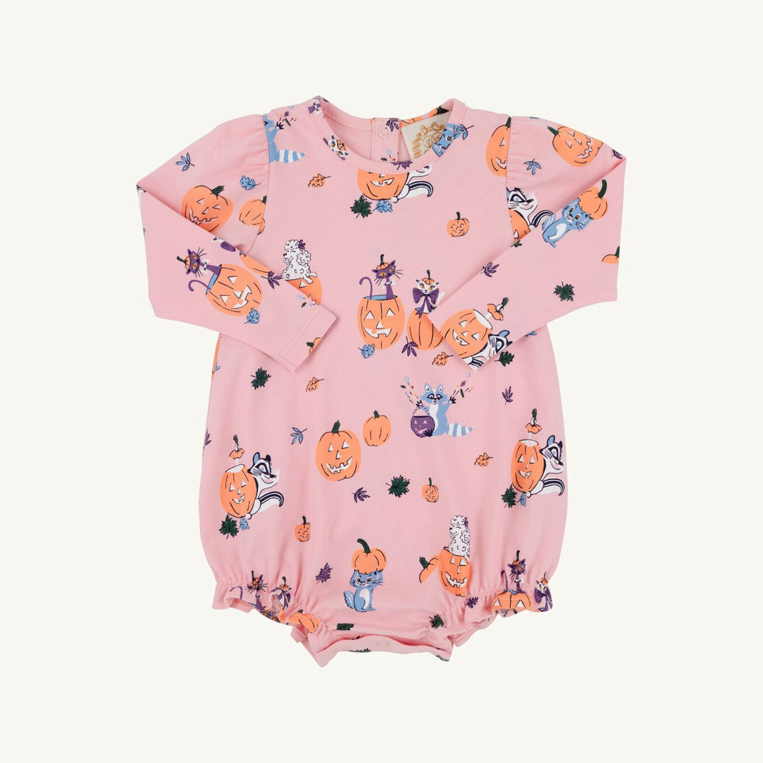 LONG SLEEVE PINK BUBBLE WITH PUMPKIN AND CATS PRINTED ALL OVER