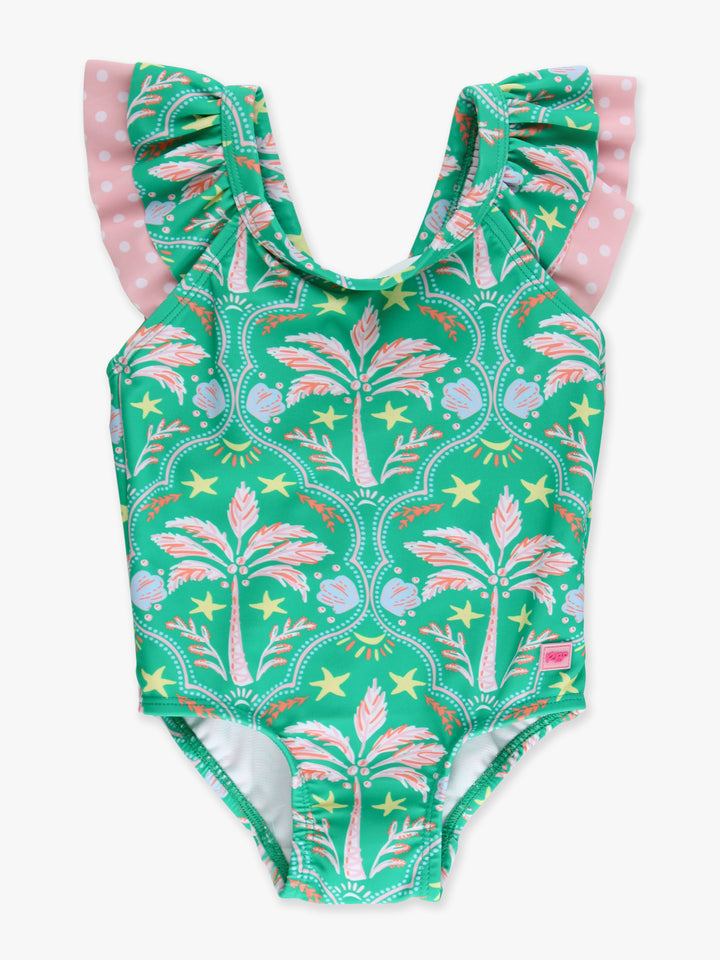 Green swimsuit with palm tree pattern on a white background