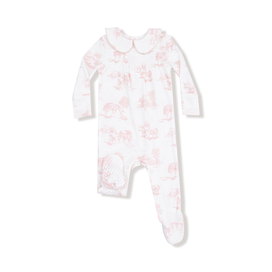 Farm Toile Pink Ribbed Zipper Footie – Soft Baby Girl Footed Pajamas with Pink Farm Print & Peter Pan Collar | Walker Boutique