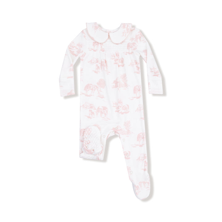 Farm Toile Pink Ribbed Zipper Footie – Soft Baby Girl Footed Pajamas with Pink Farm Print & Peter Pan Collar | Walker Boutique