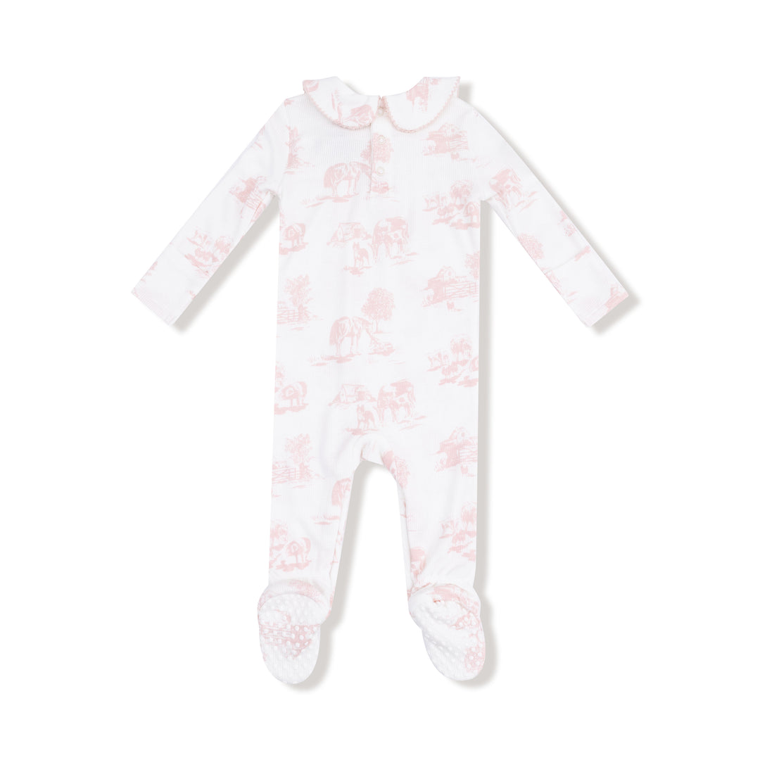 Farm Toile Pink Ribbed Zipper Footie – Soft Baby Girl Footed Pajamas with Pink Farm Print & Peter Pan Collar | Walker Boutique