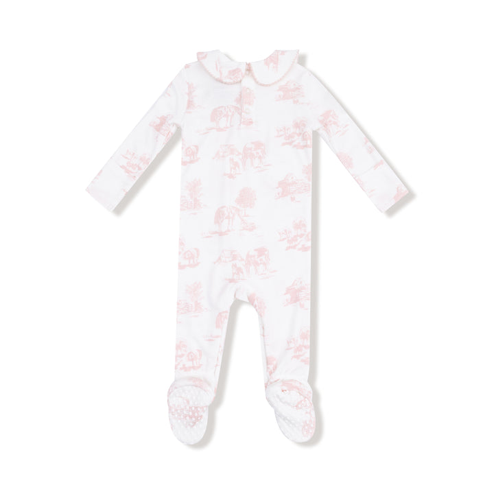 Farm Toile Pink Ribbed Zipper Footie – Soft Baby Girl Footed Pajamas with Pink Farm Print & Peter Pan Collar | Walker Boutique