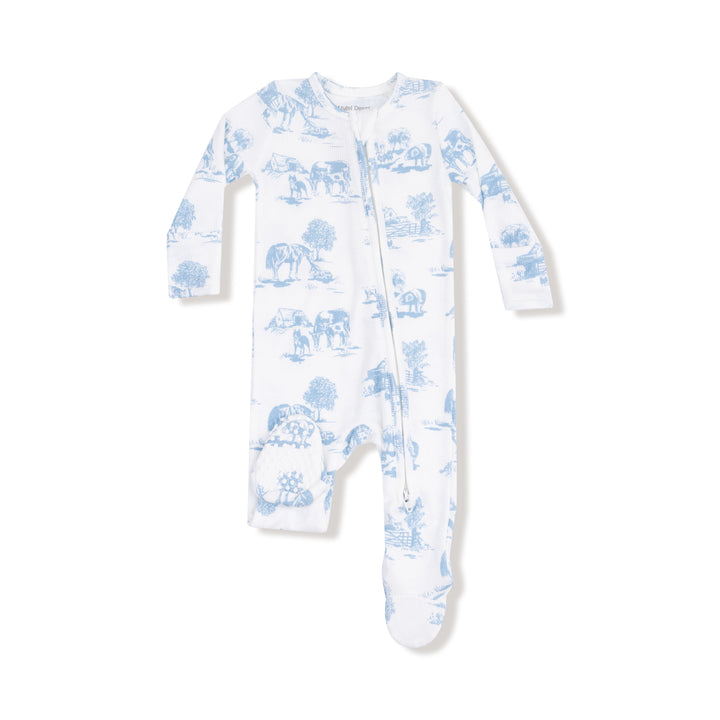 White baby onesie with blue animal pattern on a white background