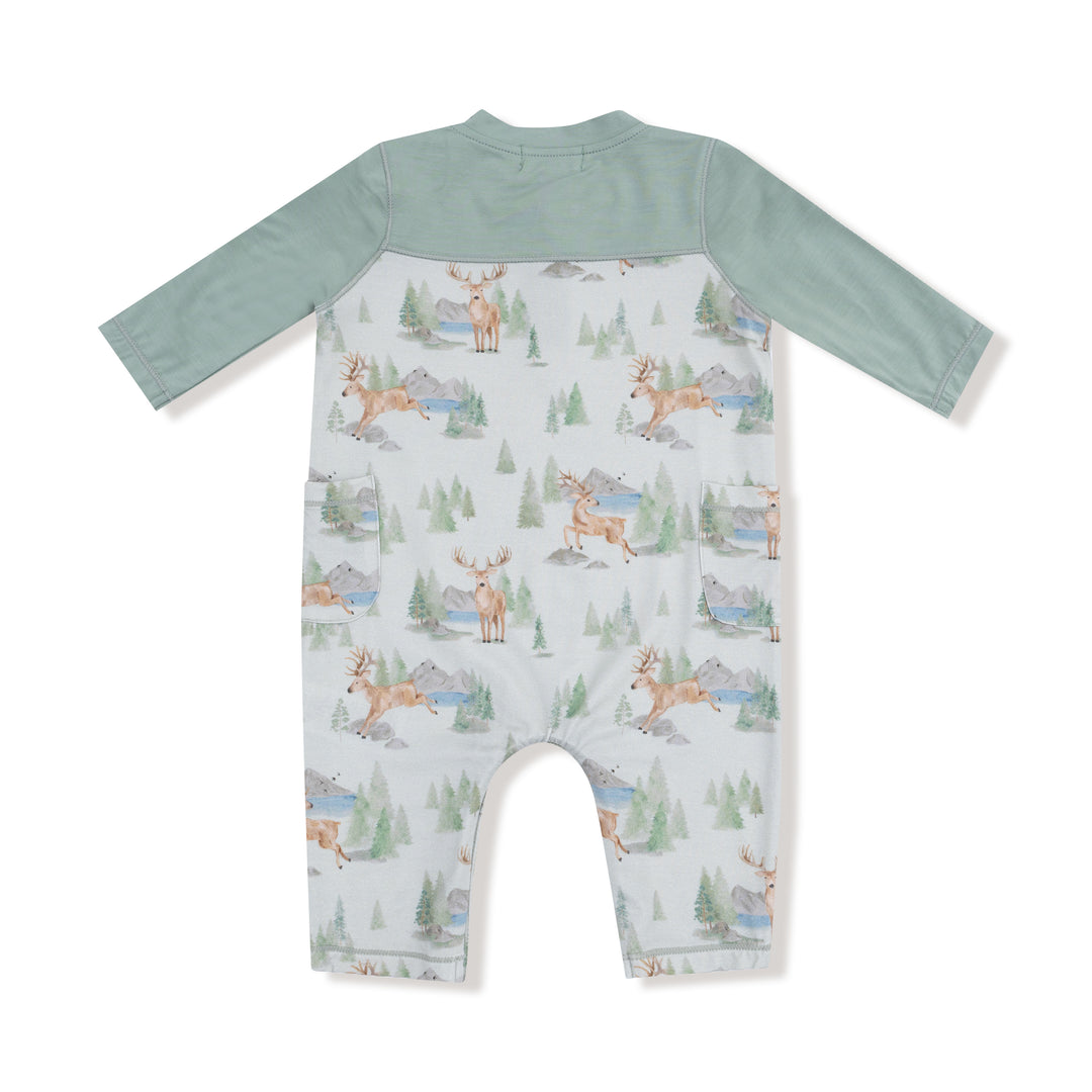 BUCK DEER GREEN LONG ROMPER WITH DARKER GREEN CONTRAST SLEEVES