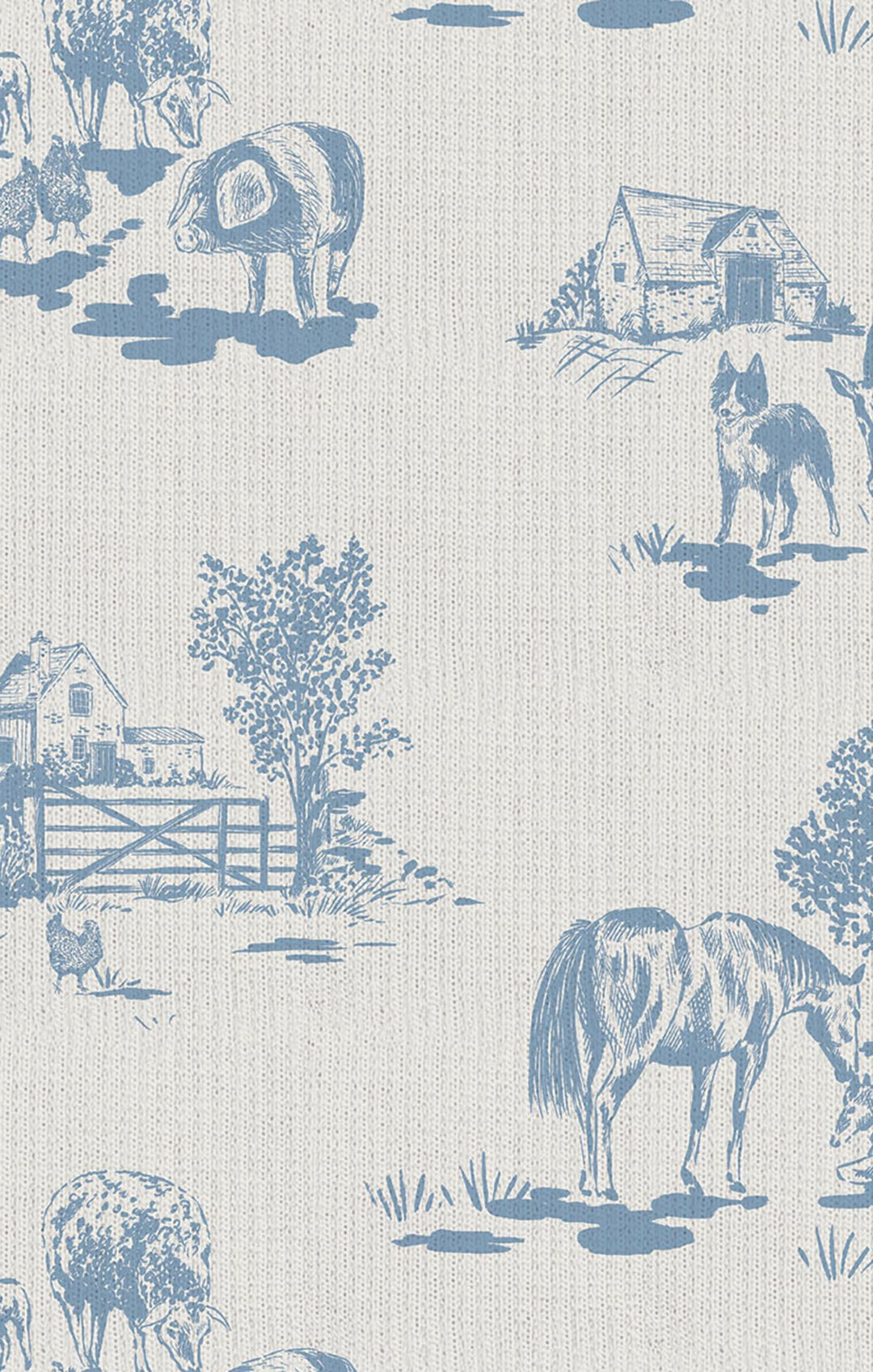 Patterned fabric with blue farm animals and landscape on a light background
