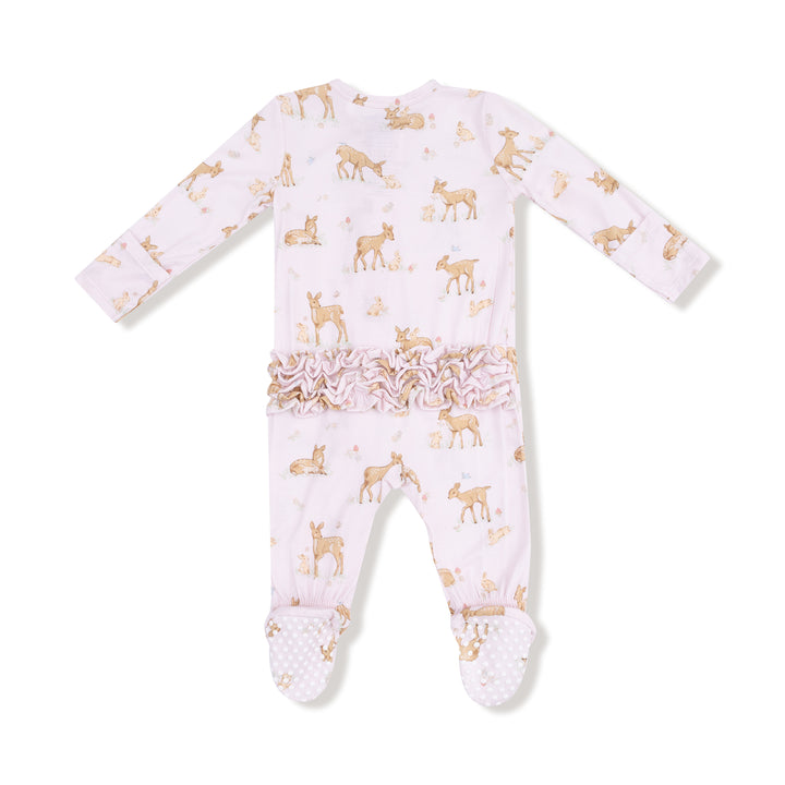 Baby onesie with gold deer pattern on a white background