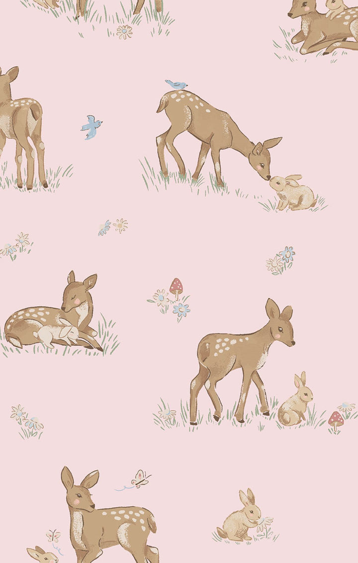 Pattern of deer and rabbits on a pink background