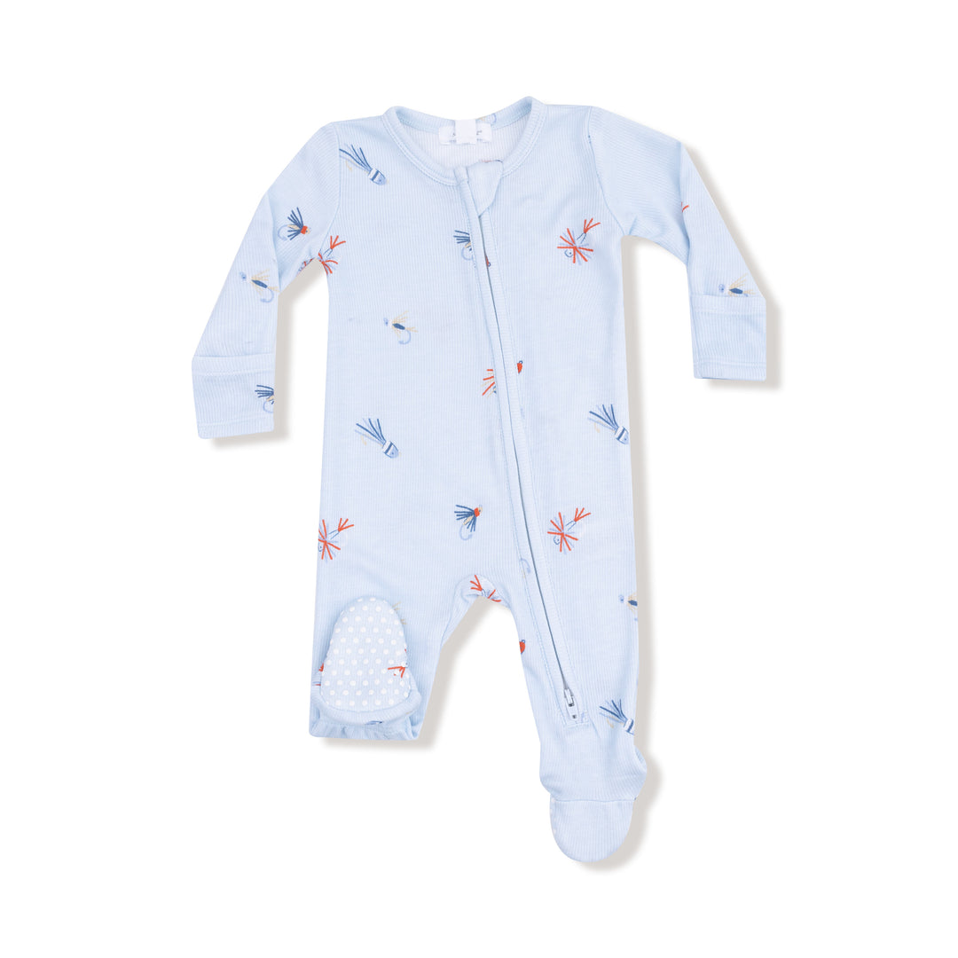 Fly Fishing Lures Blue Bamboo Zipper Footie – Soft Bamboo Baby Boy Footed Pajamas with Fishing Lure Print | Walker Boutique