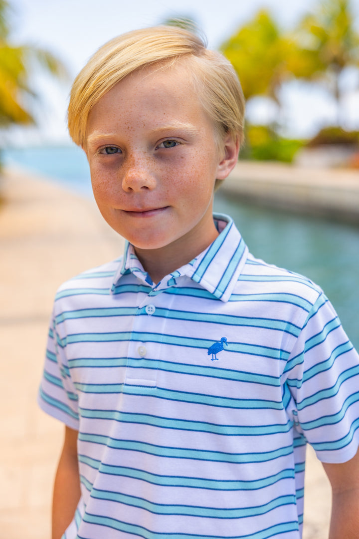 BLUE AND NAVY STRIPE SHORT SLEEVE POLO ON LITTLE BOY