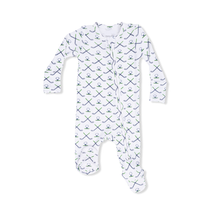 Baby onesie with golf pattern on a white background