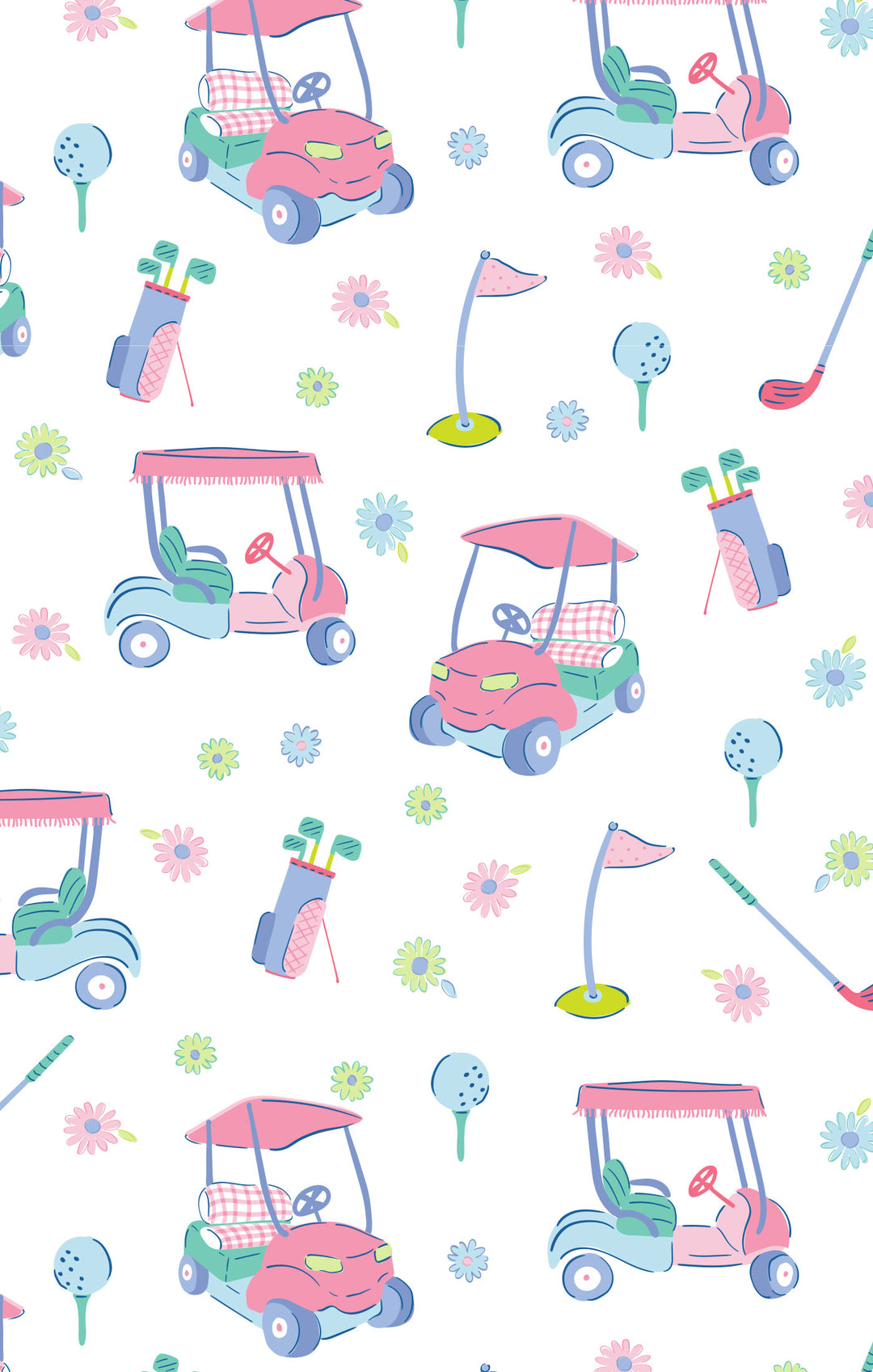 Pattern of colorful golf carts, clubs, and flags on a white background