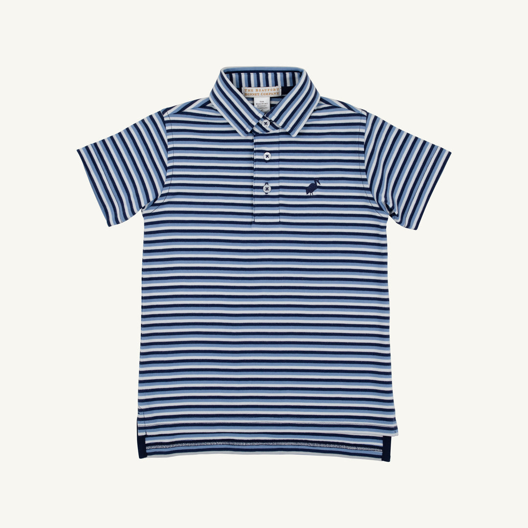 NAVY AND BLUE STRIPED SHORT SLEEVE POLO ON WHITE BACKGROUND