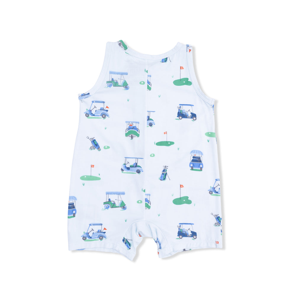 Baby romper with golf-themed print on a white background
