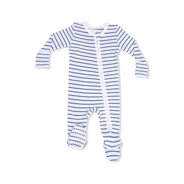 Blue and white striped baby onesie with a zipper on a white background