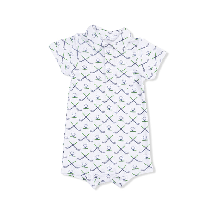 Baby romper with golf club pattern on a white background