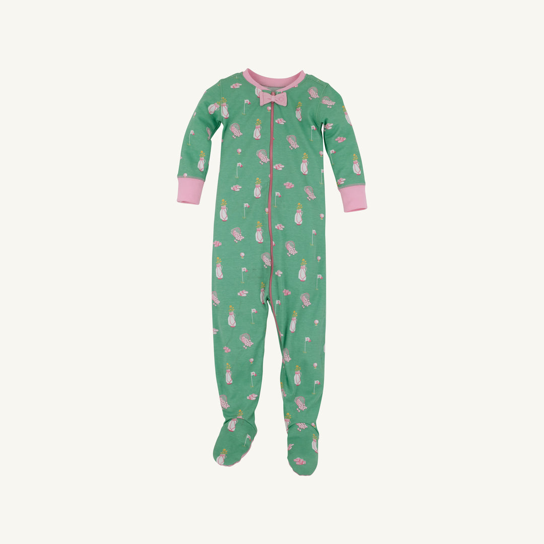 LONG SLEEVE GREEN FOOTIE PAJAMA WITH PINK GOLF MOTIF AND PINK TRIM
