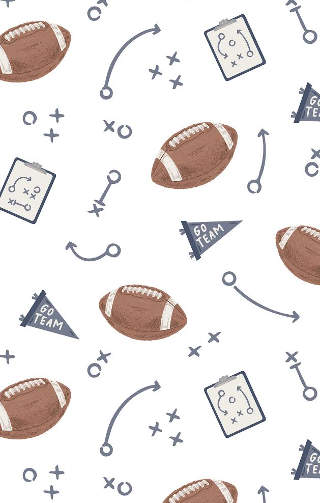 Pattern of footballs, play diagrams, and 'Go Team' flags on a white background