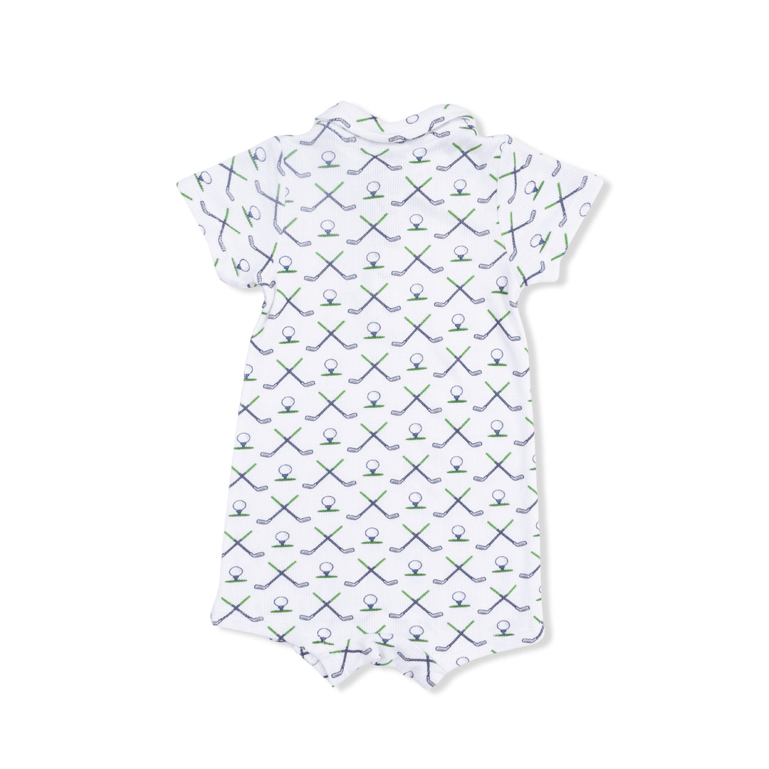 Baby romper with golf club pattern on a white background