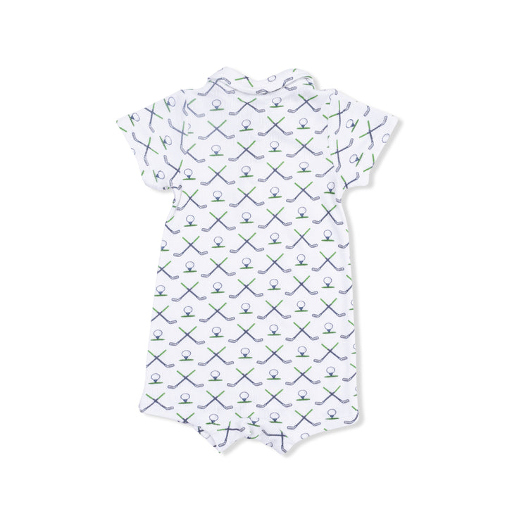 Baby romper with golf club pattern on a white background