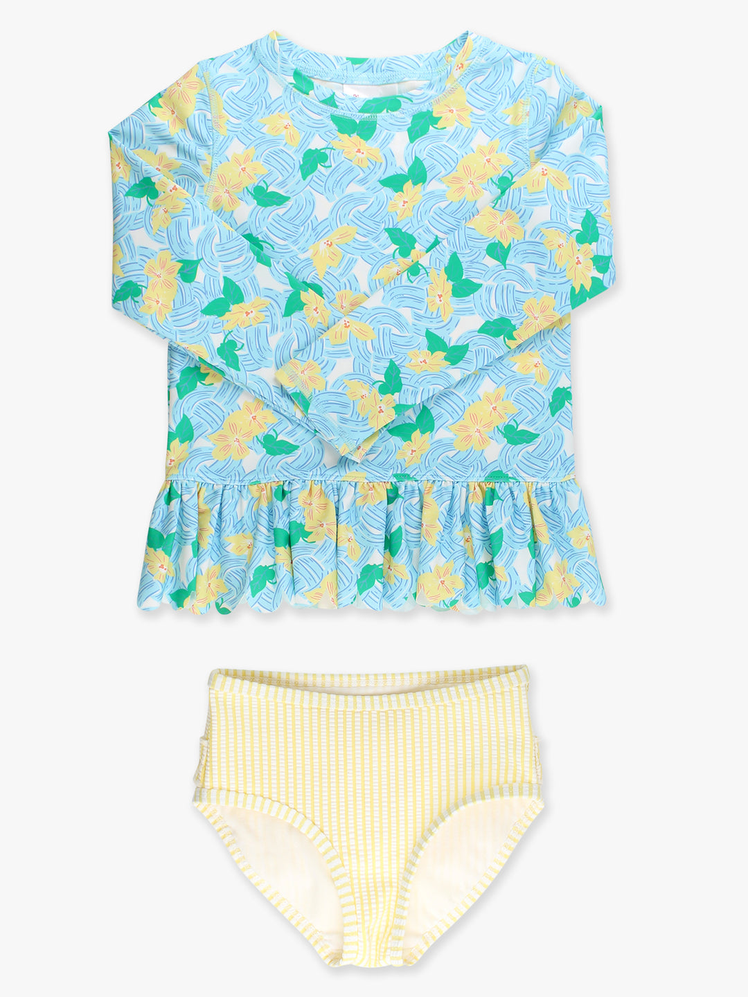 Children's two-piece swimsuit with floral top and yellow striped bottom on a white background