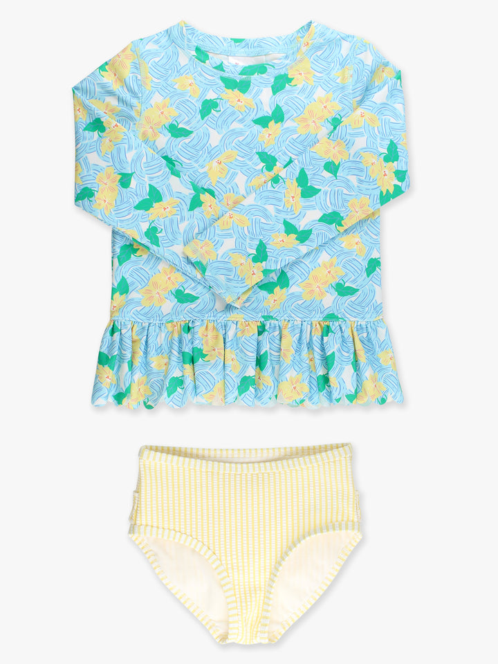 Children's two-piece swimsuit with floral top and yellow striped bottom on a white background