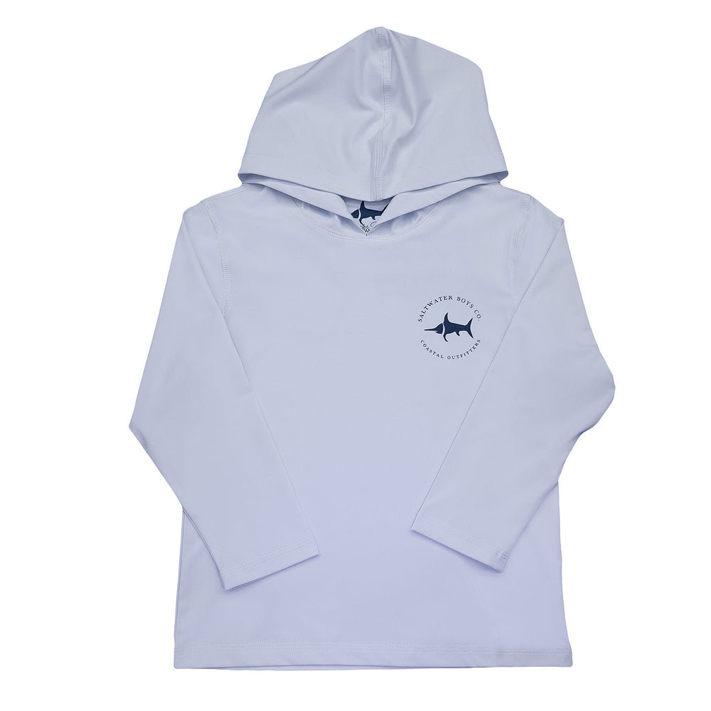 White hoodie with a logo on a white background