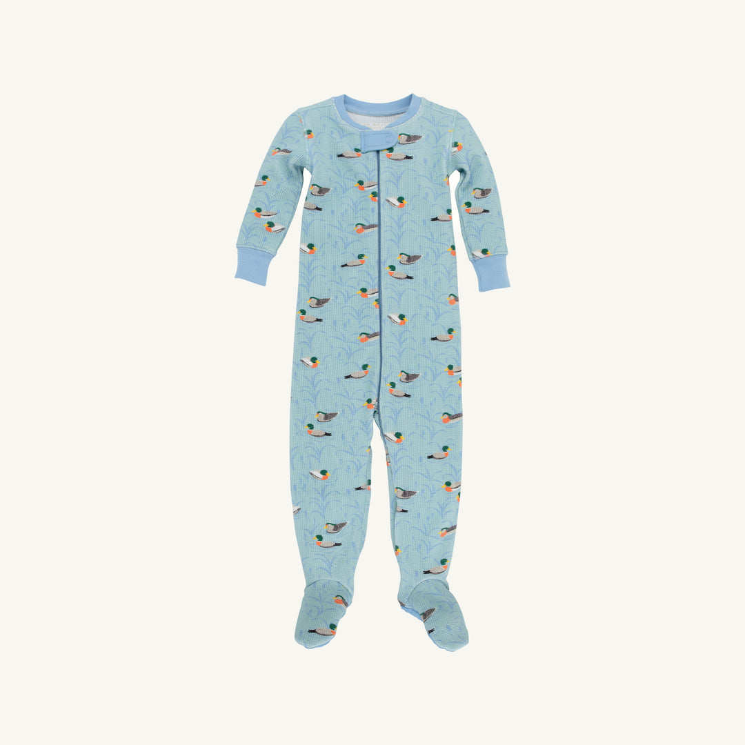 LONG SLEEVE BLUE FOOTIE PAJAMAS WITH DUCK PRINT ALL OVER 