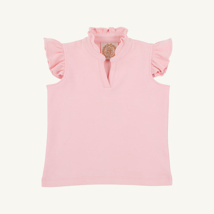 PINK RUFFLE COLLAR AND RUFFLE SLEEVE LITTLE GIRLS SHIRT ON WHITE BACKGROUND 