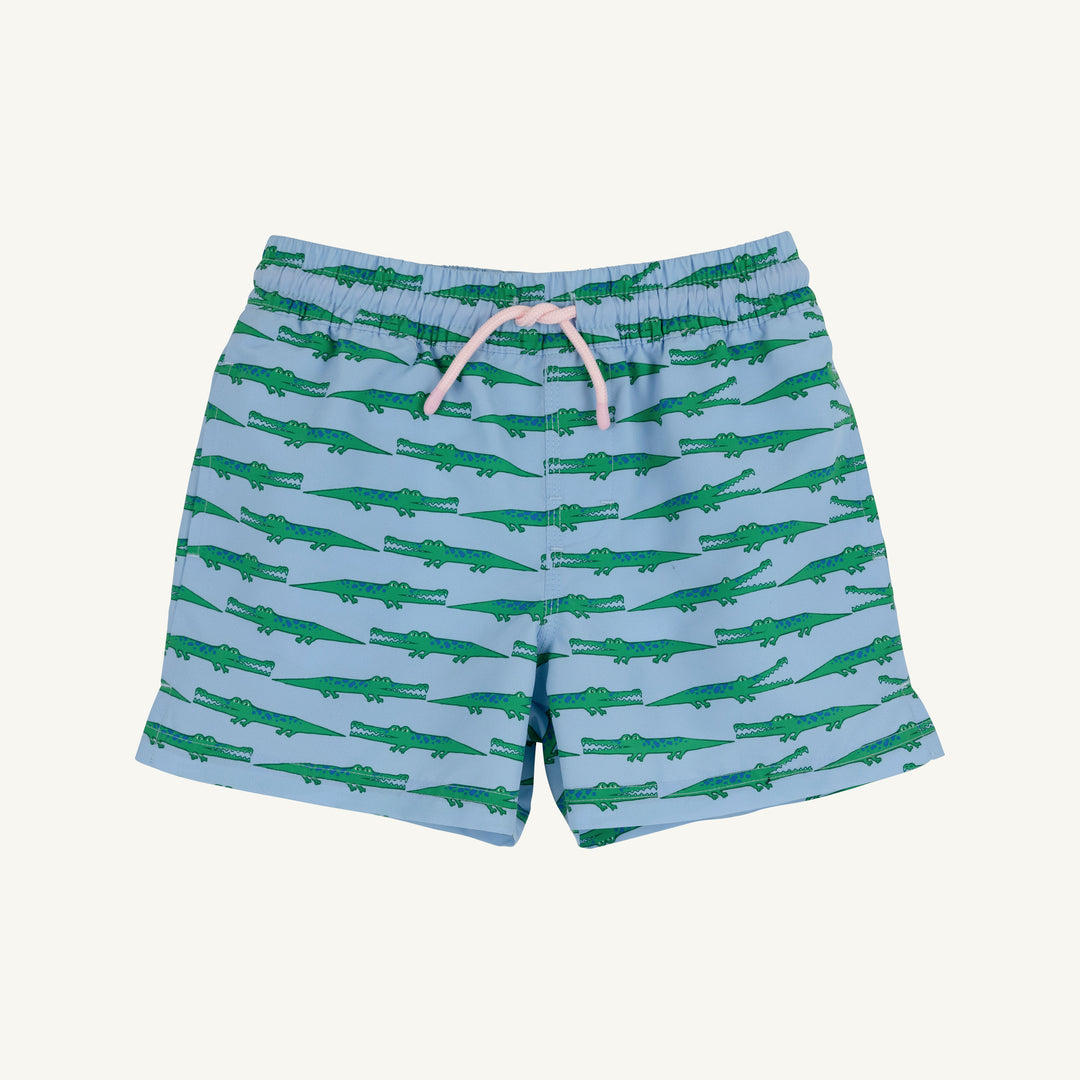 BLUE BOYS SWIM TRUNKS WITH GREEN ALLIGATOR MOTIFS