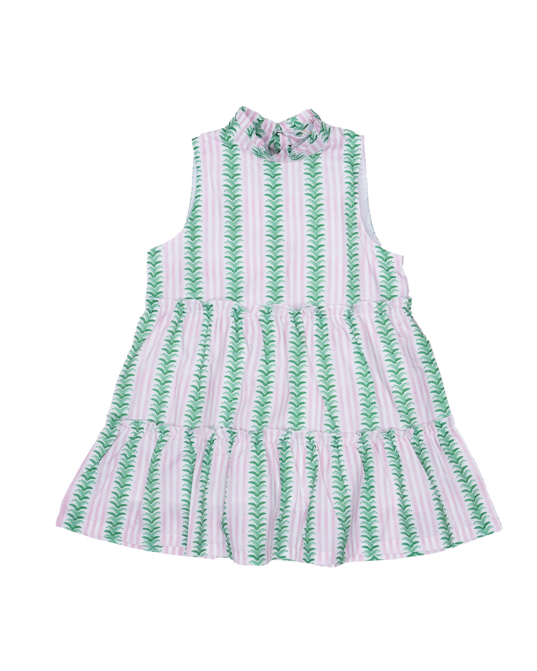 PINK AND GREEN STRIPE RUFFLE COLLAR DRESS FOR LITTLE GIRLS ON WHITE BACKGROUND