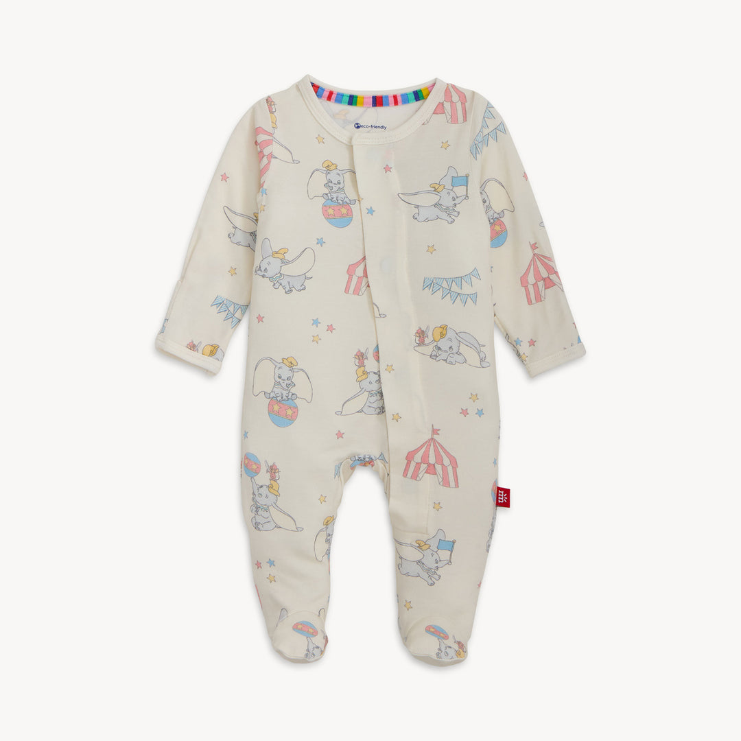 Baby onesie with circus-themed print on a white background