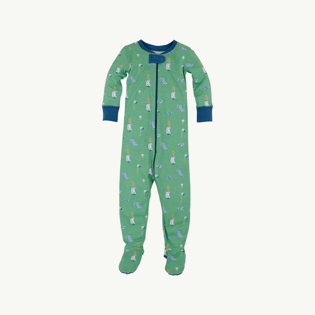 GREEN LONG SLEEVE FOOTIE PAJAMAS WITH GOLF MOTIF AND NAVY TRIM