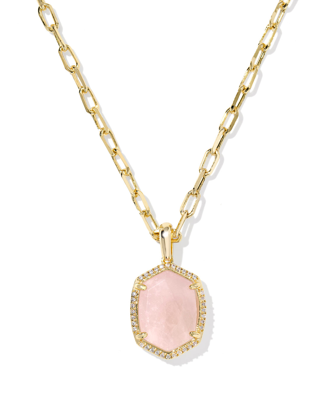 DAPHNE PAVE FRAME SHORT PENDANT NECKLACE, GOLD ROSE QUARTZ