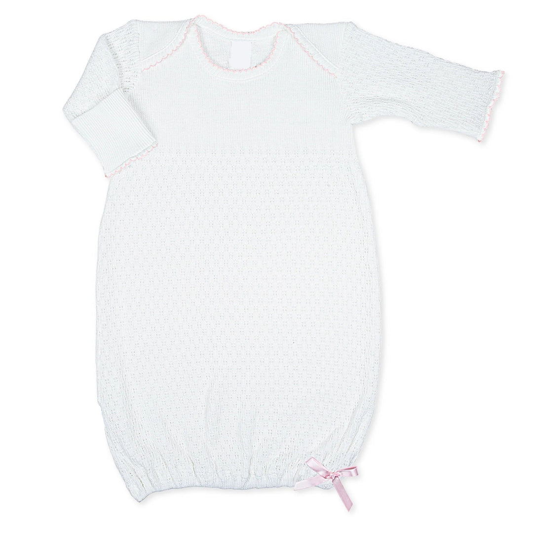 WHITE BABY GOWN WITH PINK TRIM AND BOW ON BOTTOM