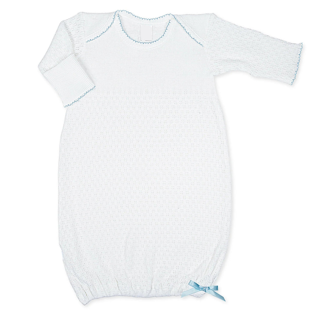 WHITE BABY GOWN WITH BLUE TRIM AND BOW ON BOTTOM
