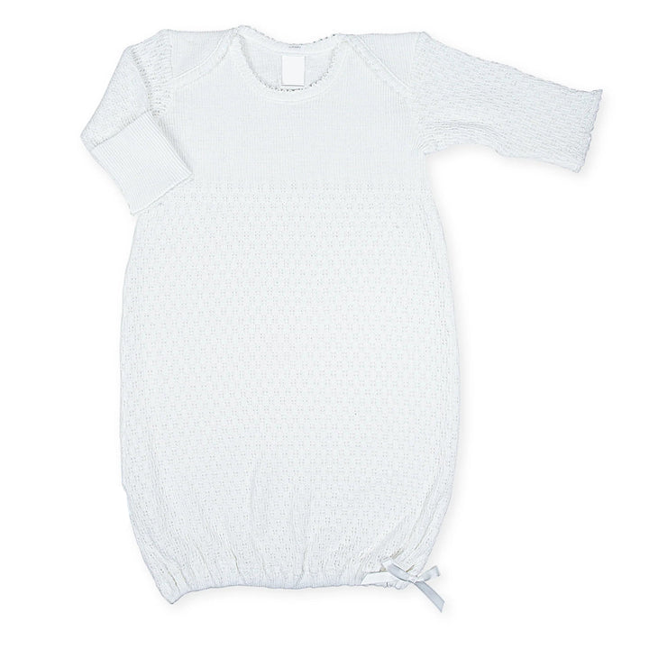 WHITE BABY GOWN WITH WHITE TRIM AND BOW ON BOTTOM
