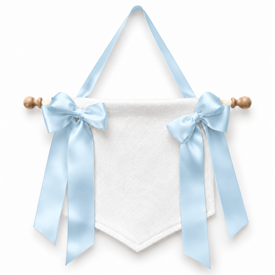 CUSTOM MONOGRAM WHITE BANNER WITH LIGHT BLUE BOWS BANNER SET
