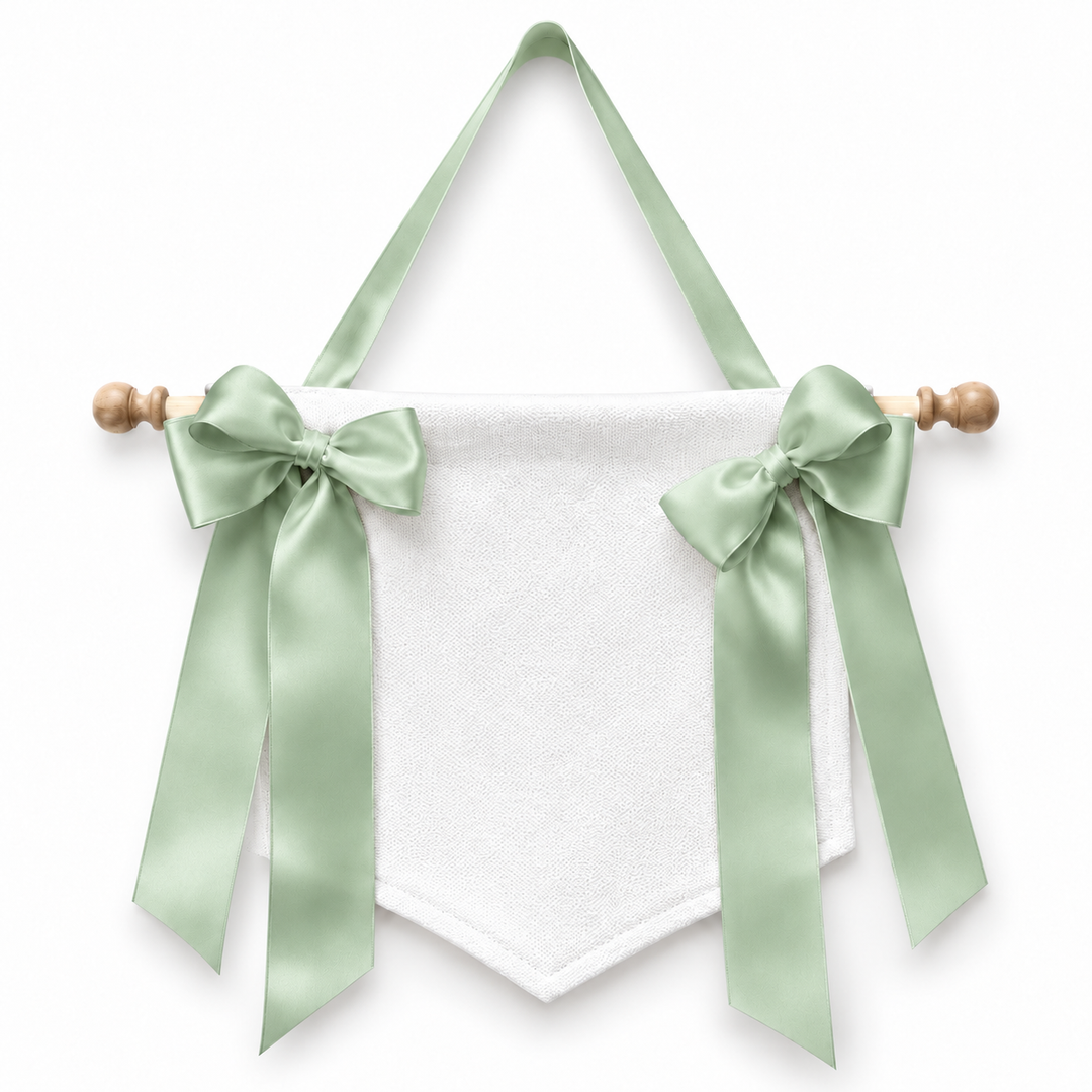 CUSTOM MONOGRAM WHITE BANNER WITH SOFT SAGE BOWS BANNER SET