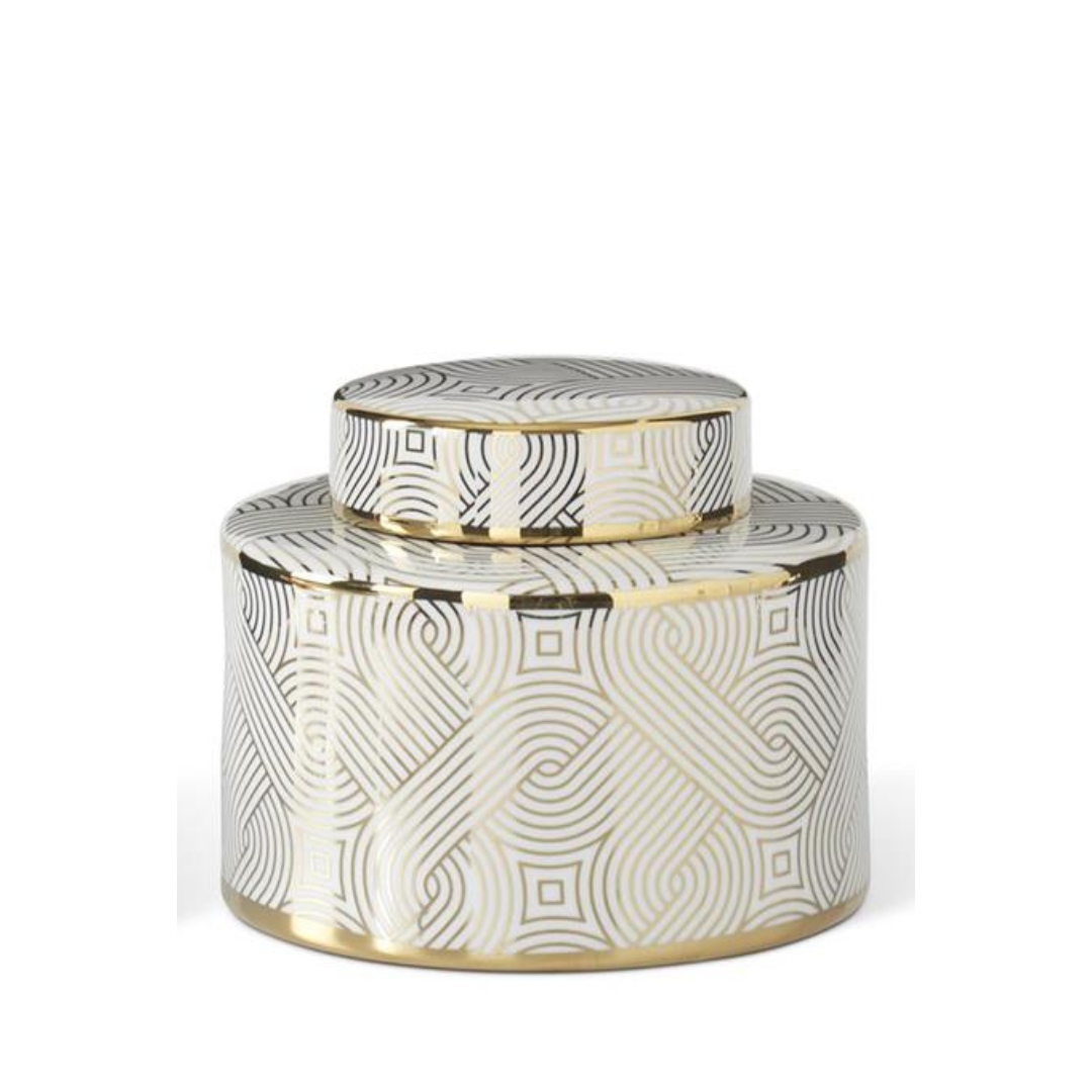 Decorative ceramic jar with geometric pattern on a white background