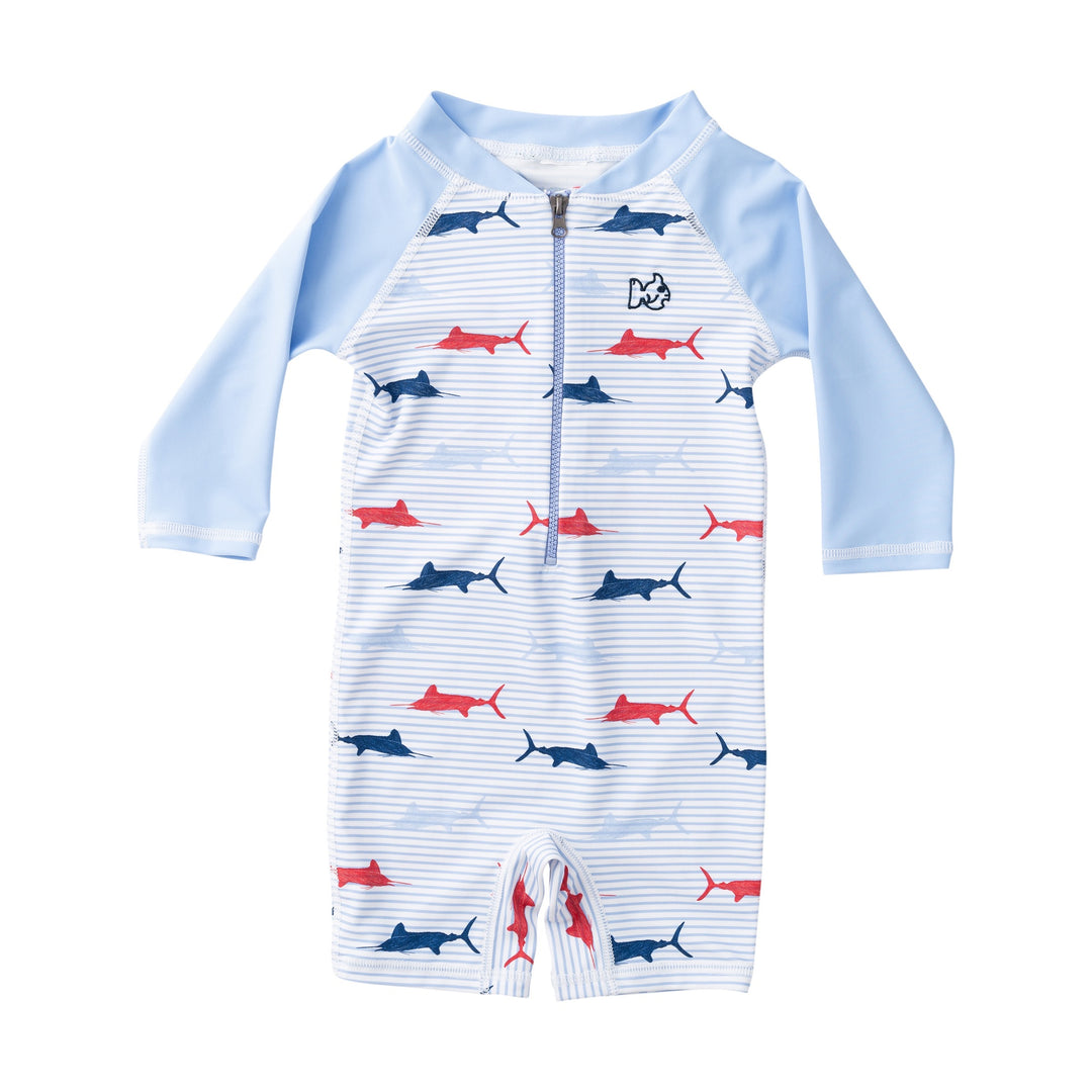 Children's swimsuit with fish pattern on a white background