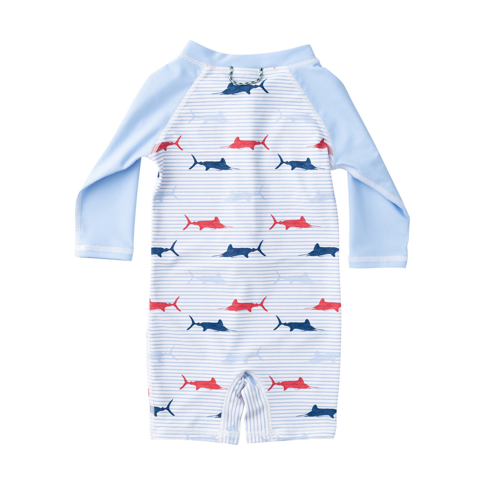 Baby onesie with shark pattern on a white background