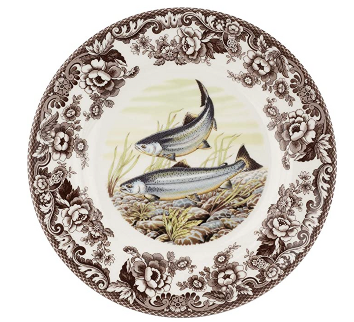 A Spode woodland salad plate with a black and white design featuring salmon