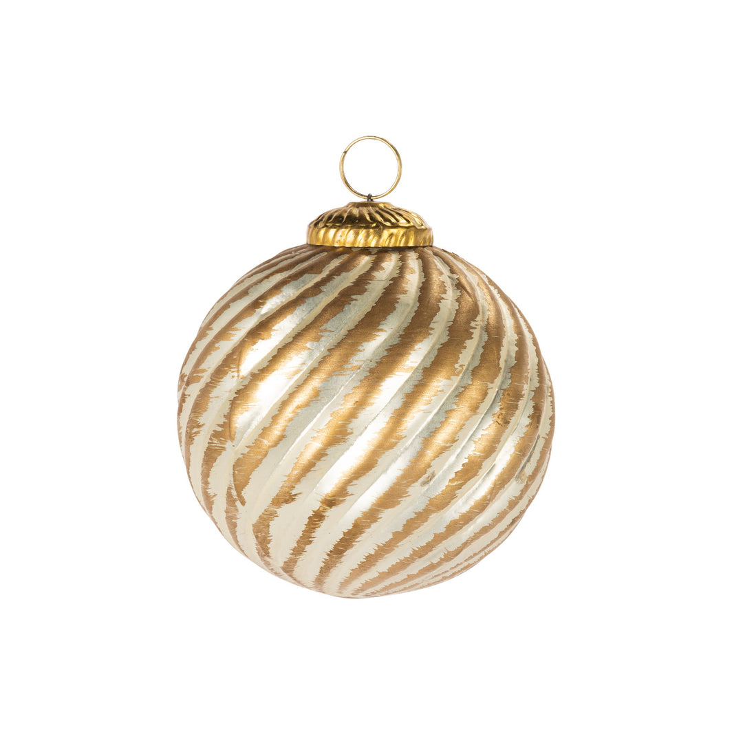 Brass and white ribbed glass round Christmas ornament