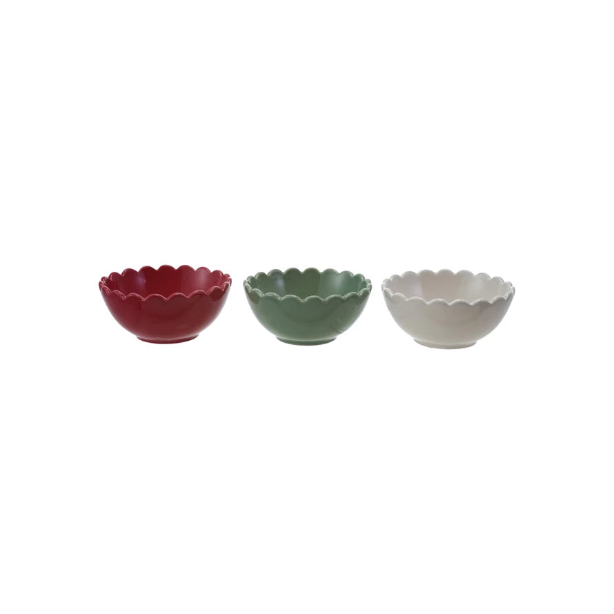 SCALLOPED BOWLS IN GREEN, RED, AND WHITE