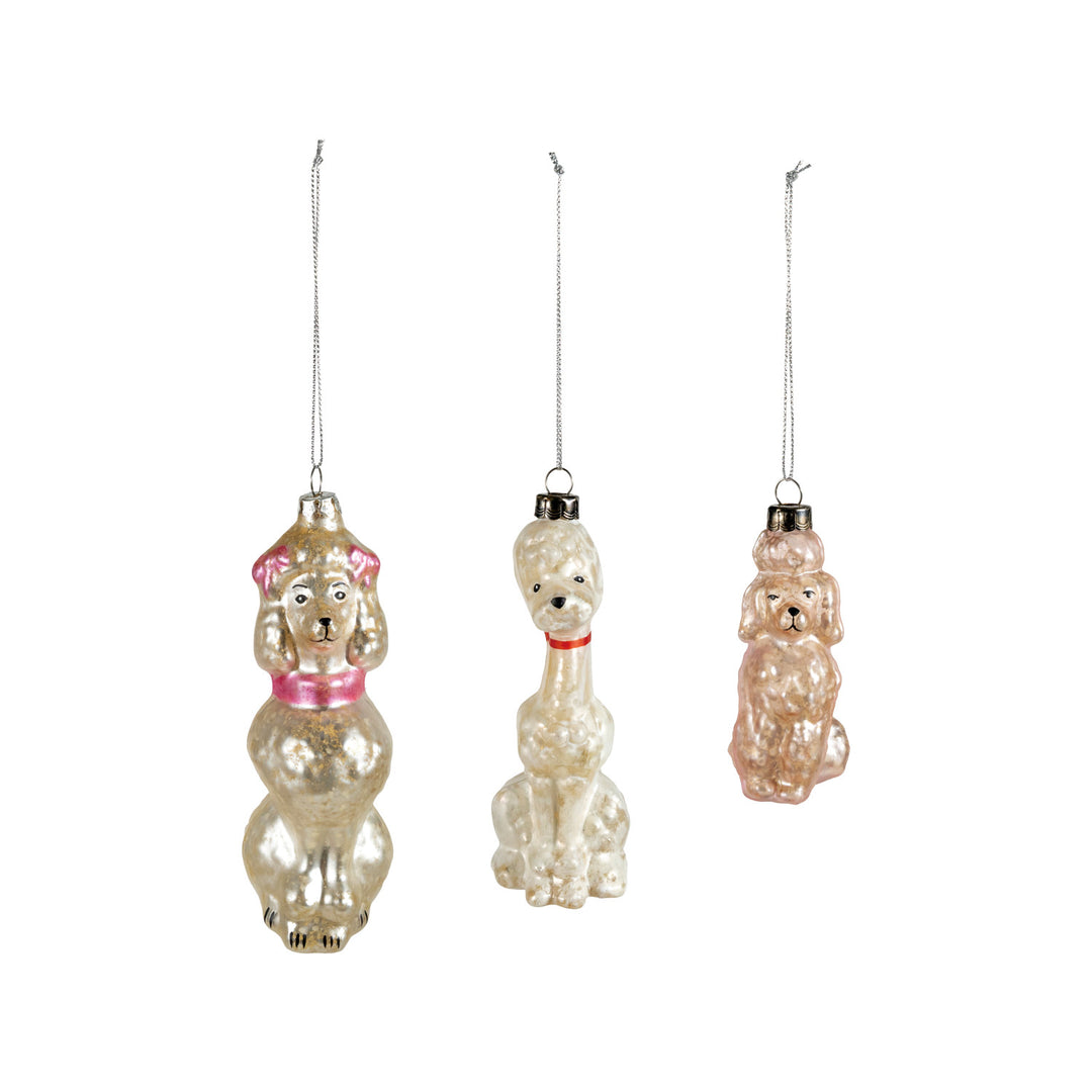 Hand-Painted Mercury Glass Vintage Poodle Ornament shown in assorted holiday styling