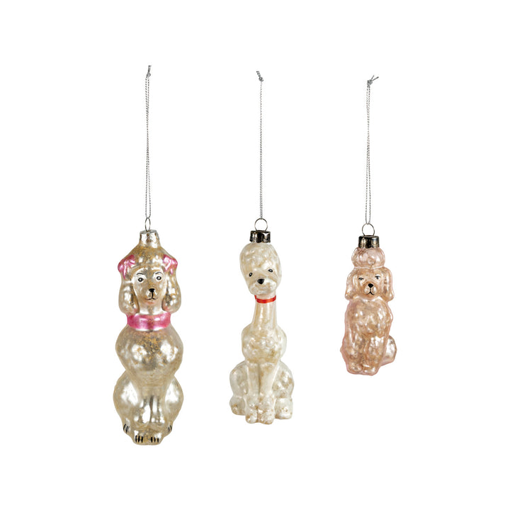 Hand-Painted Mercury Glass Vintage Poodle Ornament shown in assorted holiday styling