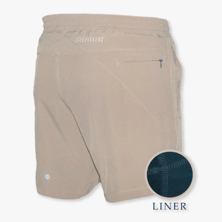 Beige shorts with a close-up of the lining on a white background