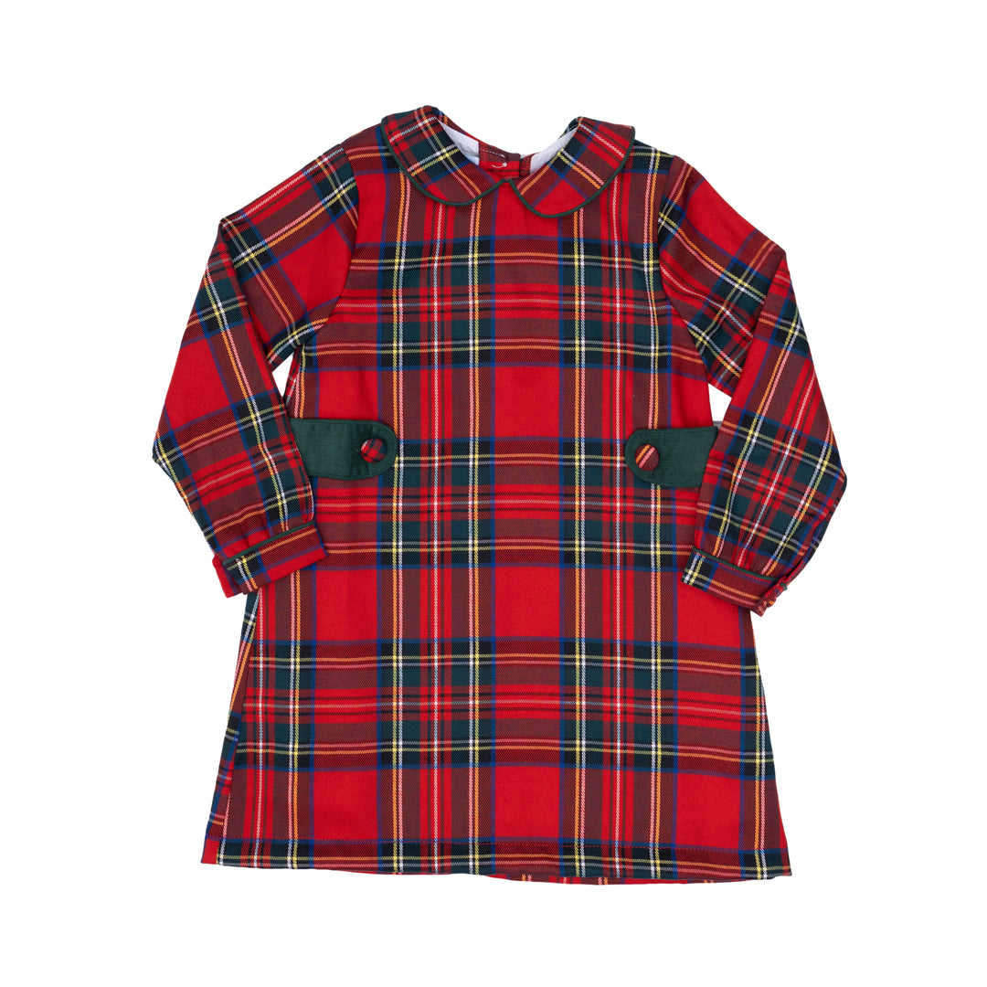 Red plaid dress with green accents on a white background