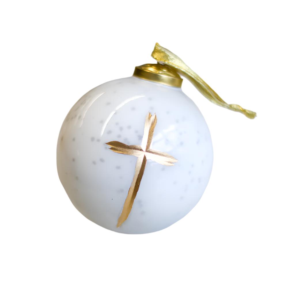 WHITE CRUIX GLASS BALL ORNAMENT