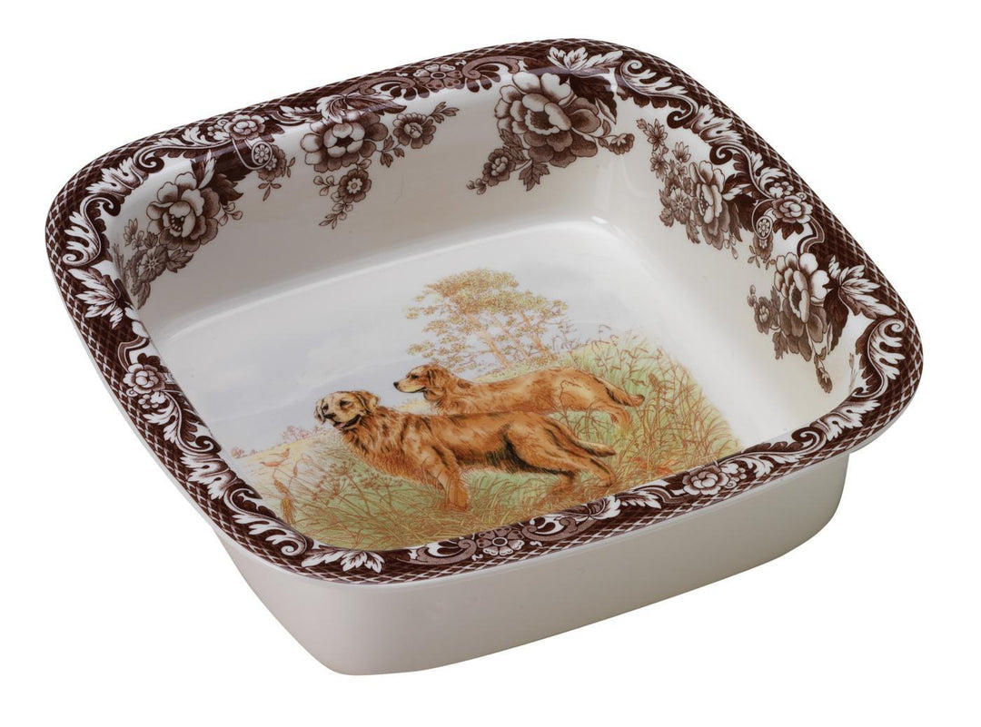 WOODLAND DOGS SQUARE RIM DISH WITH GOLDEN RETRIEVER, 10in.